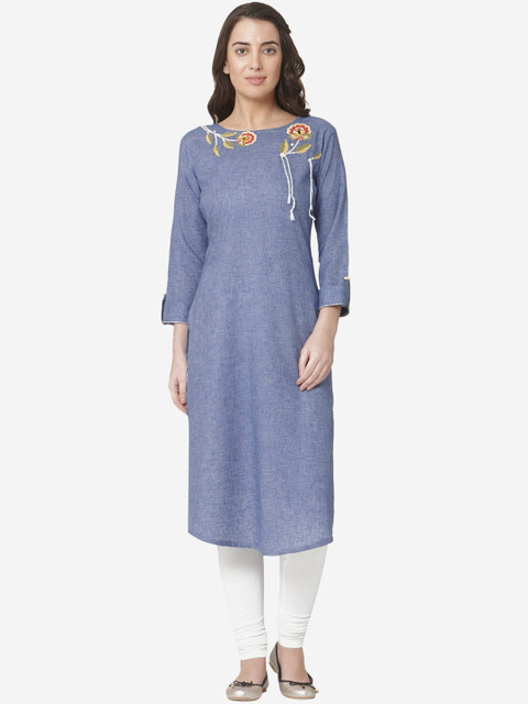 

Os Women Blue Embroidered Straight Kurta