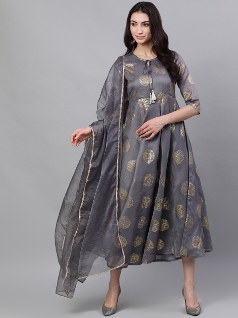 

Nayo Women Grey & Gold-Coloured Foil Printed Ethnic Maxi Dress with Dupatta
