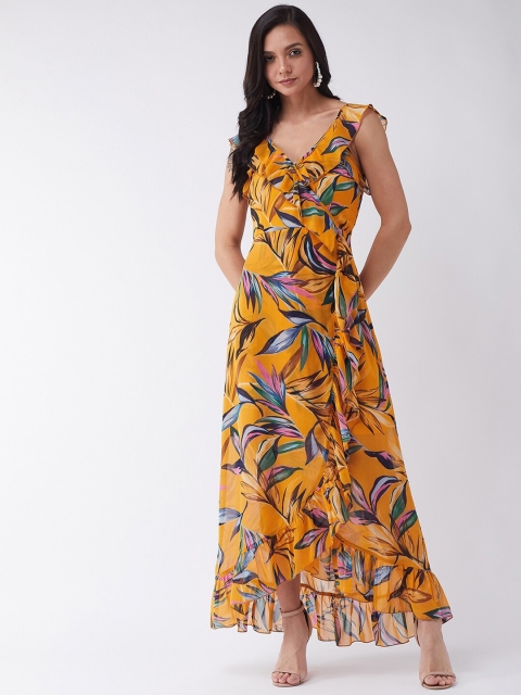 

MAGRE Women Mustard Yellow & Blue Floral Printed Maxi Dress