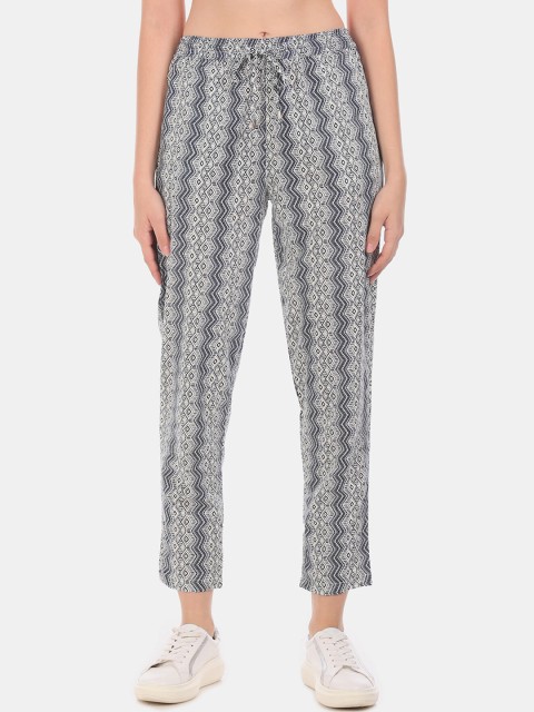 

Cherokee Women Off-White & Navy Blue Slim Fit Printed Regular Trousers