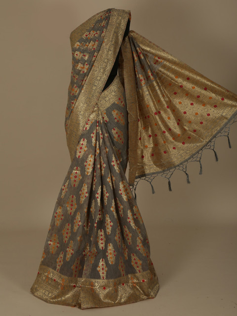 

Pothys Grey & Gold-Toned Jute Silk Woven Design Saree