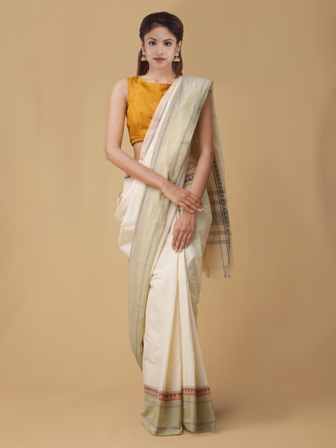 

Unnati Silks Cream-Coloured & Green Pure Uppada Cotton Solid Saree