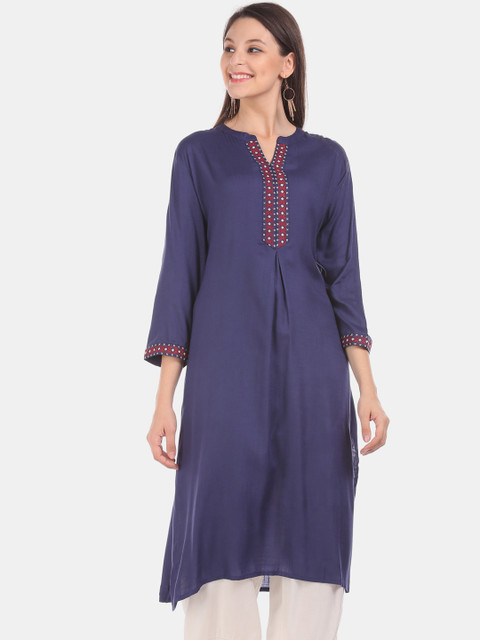 

Karigari Women Navy Blue Solid A-Line Kurta