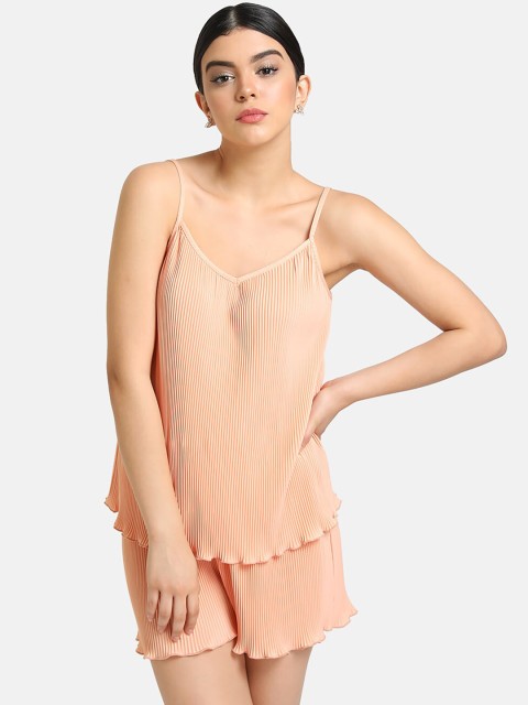 

Kazo Women Peach-Colour Solid Pleated Clothing Set