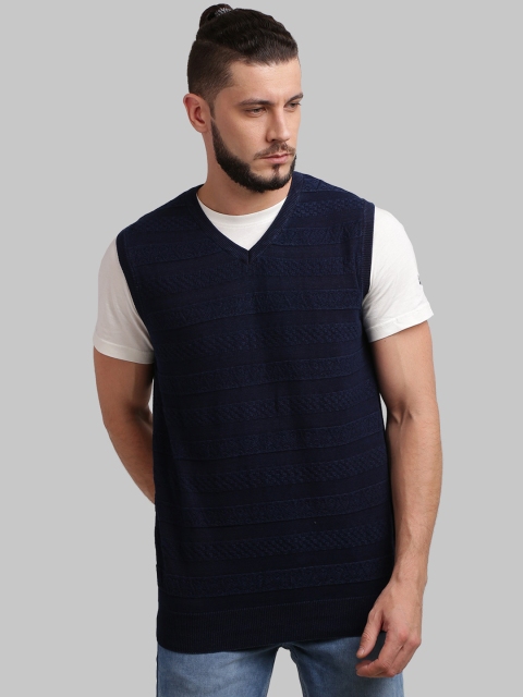 

Parx Men Navy Blue Self-Striped Sweater
