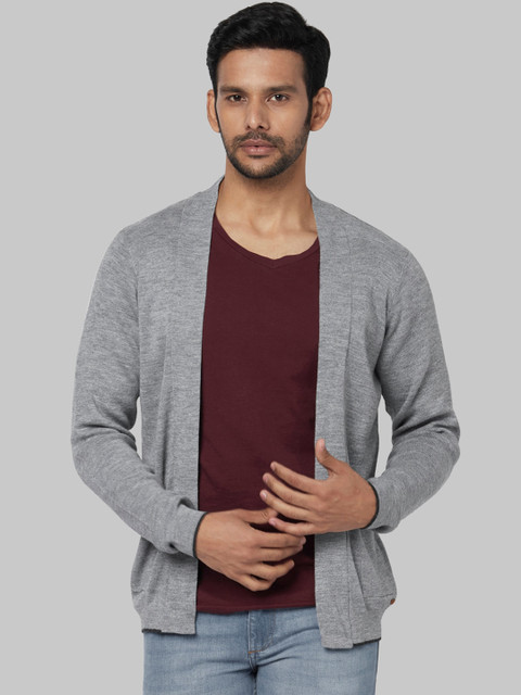 

Park Avenue Men Grey-Melange Solid Open-Front Sweater