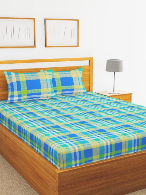 

BIANCA Green & Blue Checked Cotton 144 TC Double King Bedsheet with 2 Pillow Covers