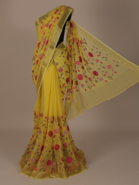 

Pothys Yellow & Pink Pure Chiffon Embroidered Saree