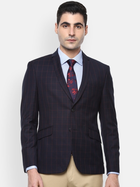 

V Dot Men Navy Blue Checked Single-Breasted Slim-Fit Blazer