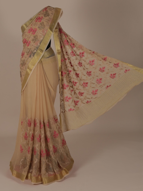 

Pothys Cream-Coloured & Pink Pure Chiffon Embroidered Saree