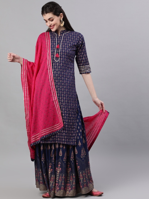 

Nayo Women Navy Blue & Pink Printed Kurta with Skirt & Dupatta