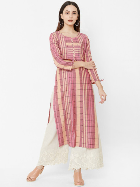 

Os Women Pink Checked Straight Kurta