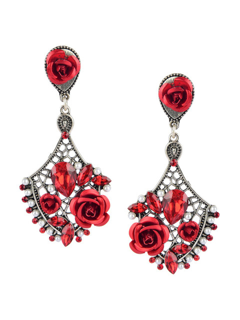 

DESI COLOUR Red & Silver-Toned Geometric Drop Earrings