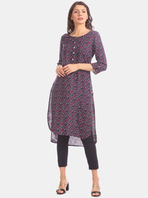 Karigari Women Black & Pink Printed Straight Kurta