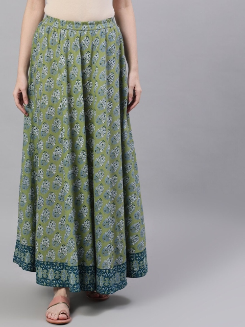 

Nayo Women Green Printed Flared Maxi Pure Cotton Skirt