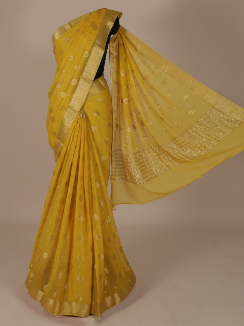 

Pothys Mustard Yellow & Gold-Coloured Pure Chiffon Woven Design Saree