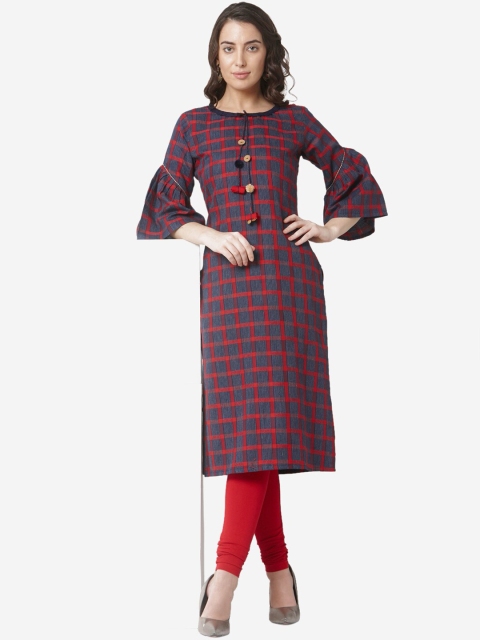 

Os Women Navy Blue & Red Checked Straight Kurta
