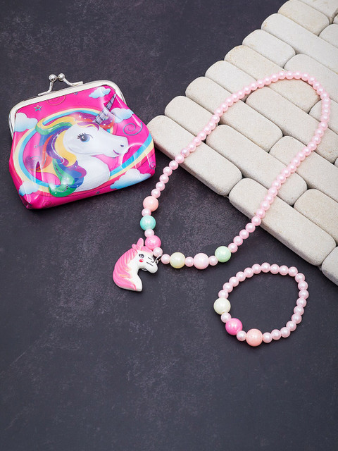 

Golden Peacock Girls Pink & Blue Unicorn Beaded Necklace & Bracelet with Handy Mini Clutch Wallet