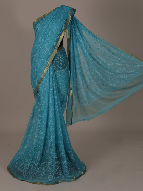

Pothys Blue & Gold-Toned Pure Chiffon Embroidered Saree