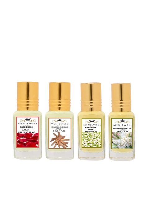 

Menjewell Set Of 4 Rose Chandan Mogra Rajnigandha Natural Attar 20ml, Transparent