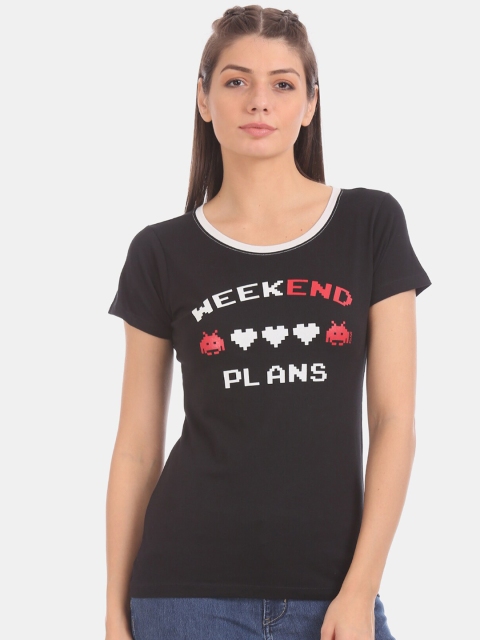 

Sugr Women Black Printed Round Neck T-shirt