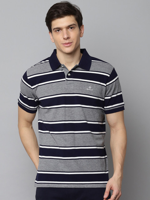 

GANT Men Grey Striped Polo Collar T-shirt