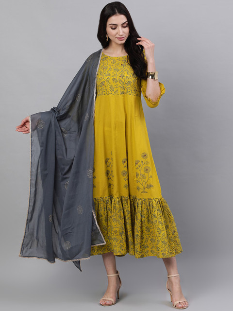 

Nayo Women Mustard Yellow Printed Drop-Waist Dress With Dupatta