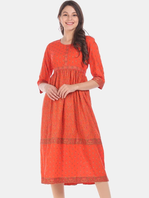 

Anahi Women Orange Printed Fit and Flare Dress
