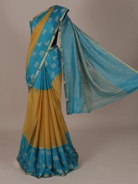 

Pothys Mustard & Blue Pure Chiffon Colourblocked Saree