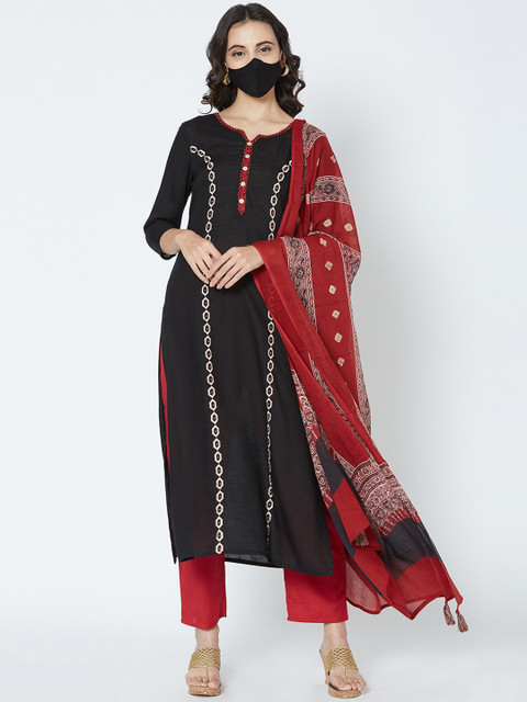 

FASHOR Women Black & Red Embroidered Kurta with Trousers & Dupatta