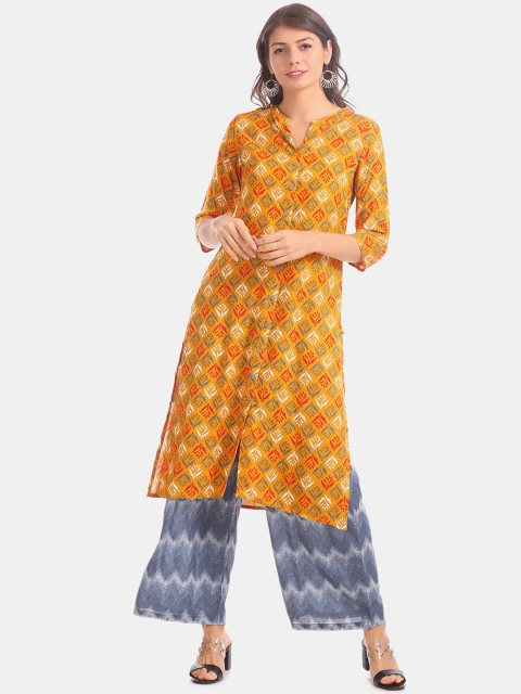 

Karigari Women Mustard Yellow & Red Printed A-Line Kurta