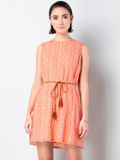 

FabAlley Women Orange Polka Dot Print A-Line Dress
