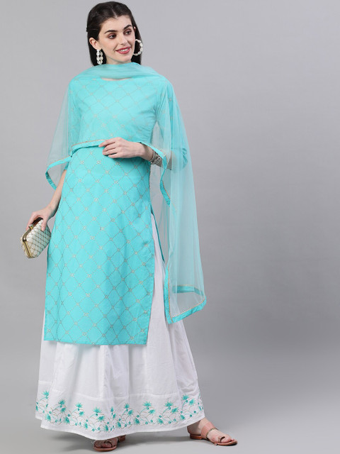 

Nayo Women Blue & White Printed Kurta with Skirt & Dupatta