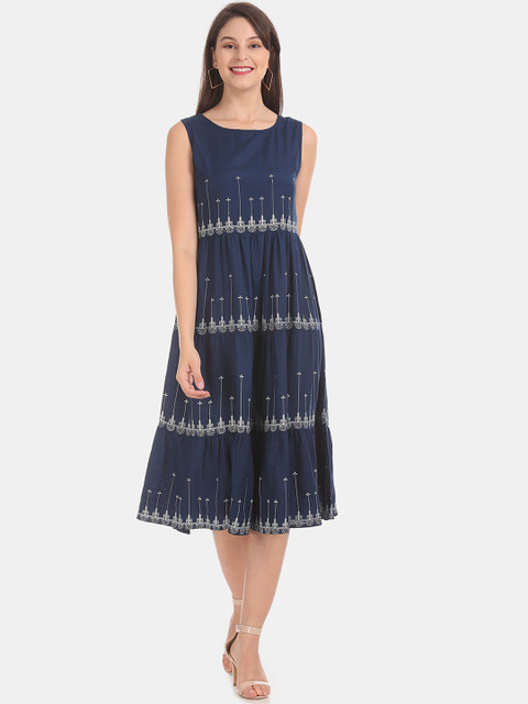 

Karigari Women Navy Blue Printed A-Line Dress
