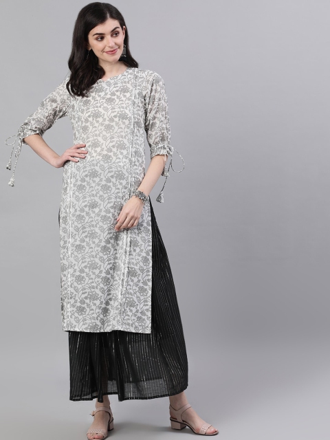 

Nayo Women White & Grey Printed Straight Kurta