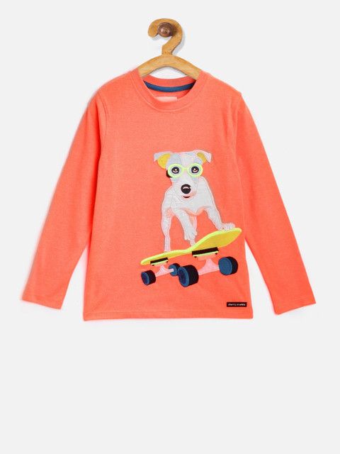

Cherry Crumble Boys Orange Printed Round Neck T-shirt