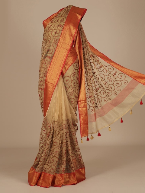

Pothys Gold-Toned & Orange Tissue Woven Design Saree