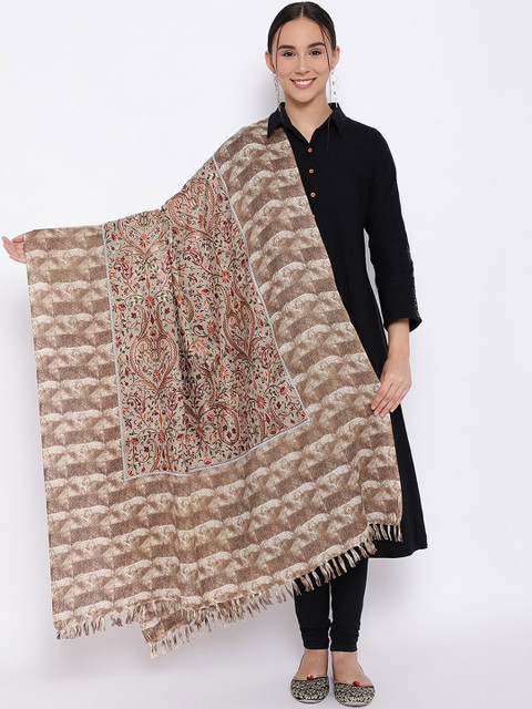 

Pashmoda Women Beige & Brown Embroidered Kalamkari Woolmark Certified Woollen Shawl