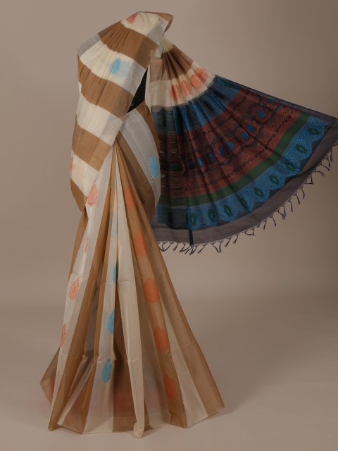 

Pothys Cream-Coloured & Brown Silk Cotton Colourblocked Saree