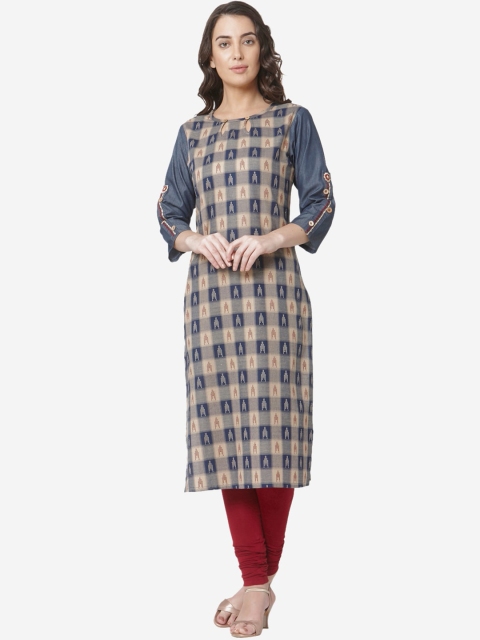 Os Women Blue & Cream-Coloured Checked Straight Kurta