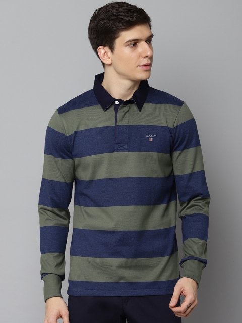 GANT Men Green Striped Polo Collar T-shirt