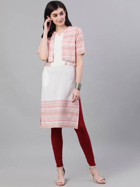 

Nayo Women White & Peach-Coloured Printed Straight Kurta with Printed Jacket
