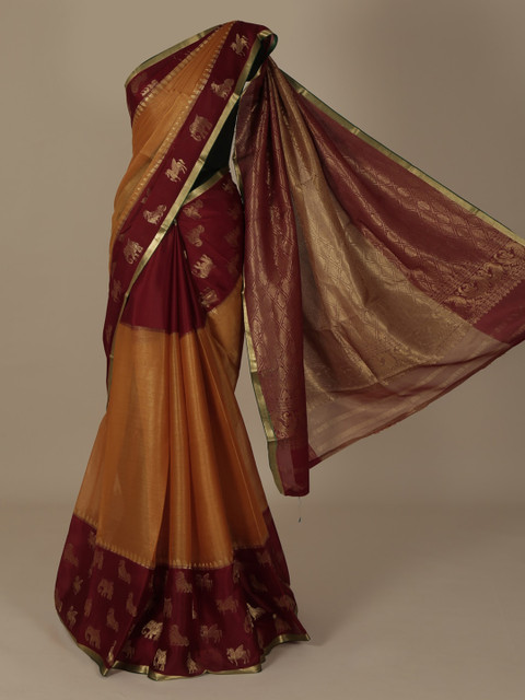 

Pothys Mustard Yellow & Maroon Pure Chiffon Woven Design Saree