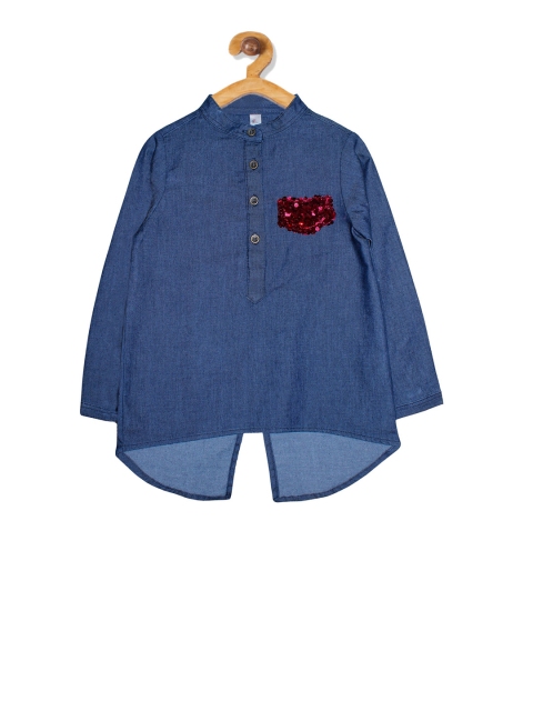 

KiddoPanti Girls Blue Embellished Denim Styled Back Pure Cotton Top