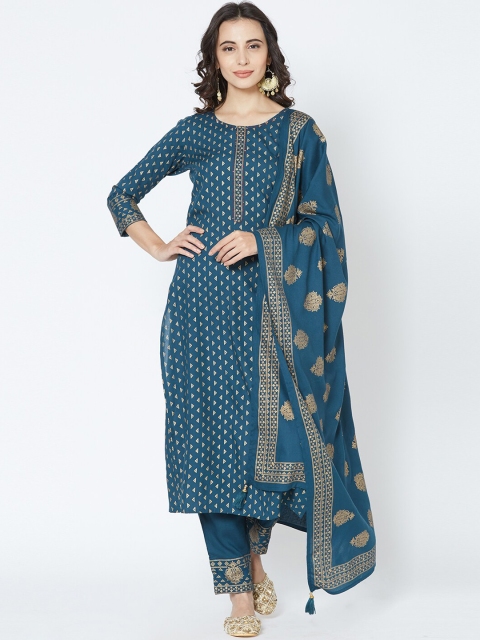 

FASHOR Women Teal Blue & Gold-Toned Printed Kurta with Trousers & Dupatta