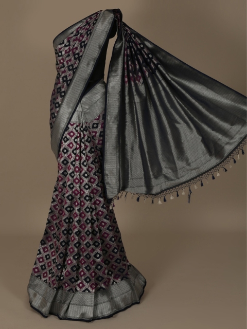 

Pothys Navy Blue & Grey Jute Pure Katan Silk Printed Saree
