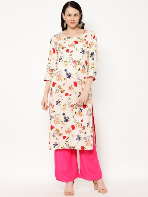 

Ramas Women Off-White & Pink Floral Printed A-Line Kurta
