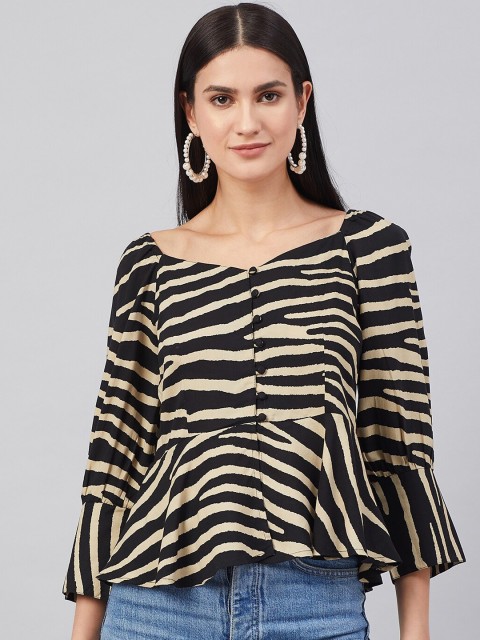 

Marie Claire Women Black & Beige Animal Print Cinched Waist Top