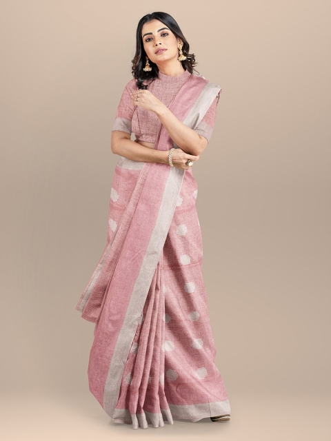 

BharatSthali Pink & Silver-Toned Pure Linen Bhagalpuri Saree