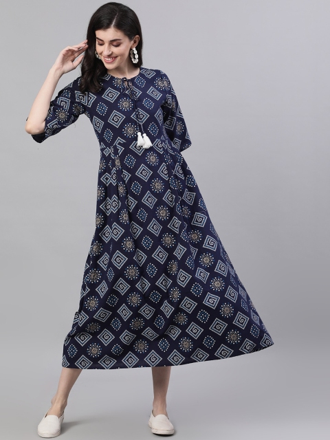 

Nayo Women Navy Blue Printed Fit and Flare Dress